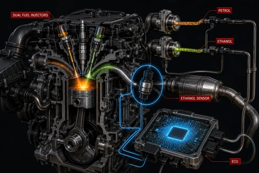 Flex fuel FFV engine technology — how ECU and sensors work with E85