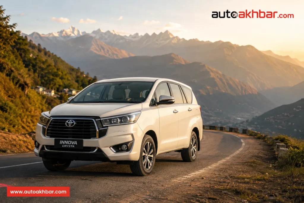 A Toyota Innova Crysta rental car on a scenic mountain road in India 2026
