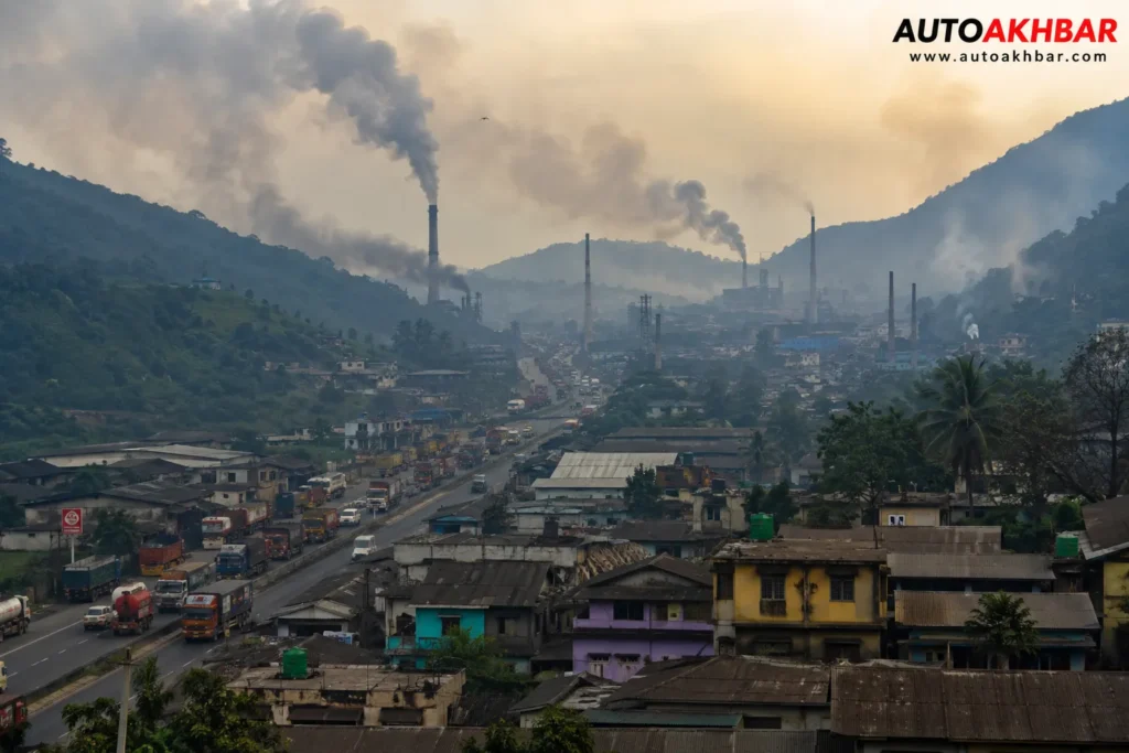 Byrnihat industrial town covered in factory smoke with trucks on NH40 highway — world's most polluted city 2024