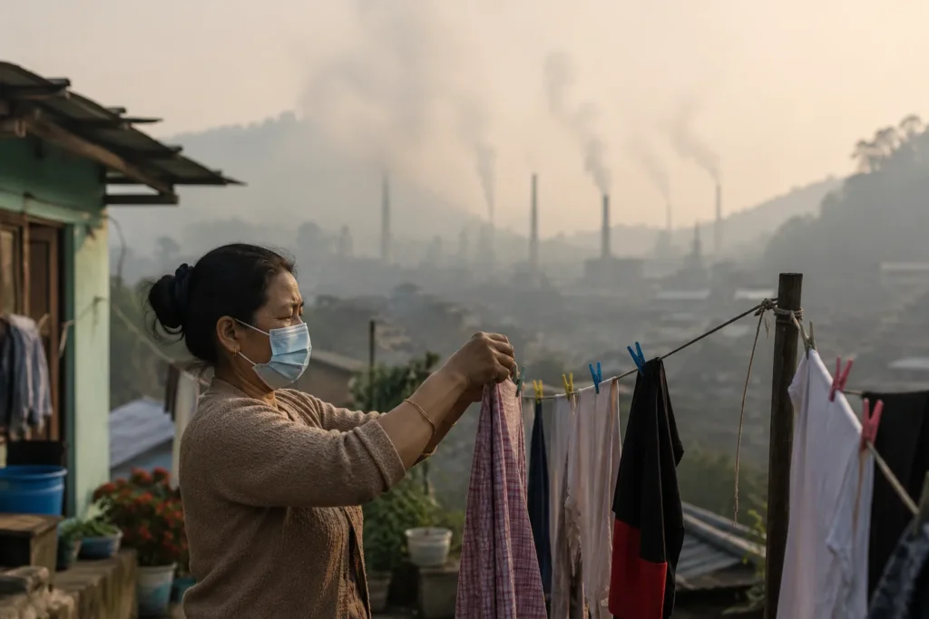 Byrnihat resident wearing mask outdoors as industrial haze lingers in background — daily life in world's most polluted town
