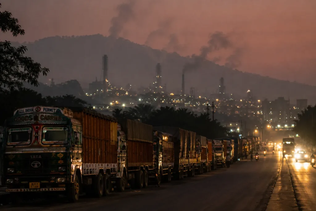Diesel trucks lined up on NH40 highway near Byrnihat contributing to vehicular pollution
