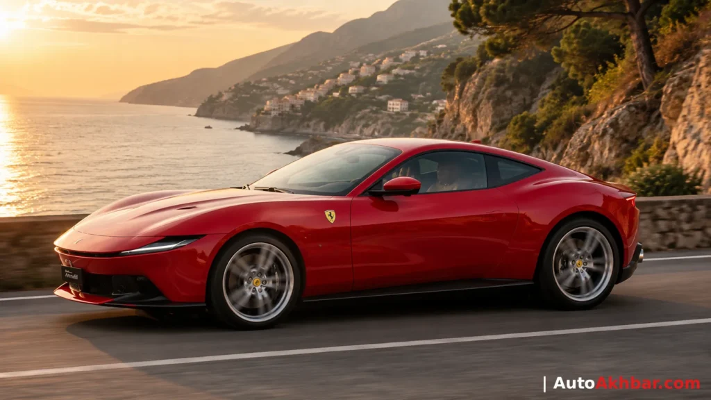 Ferrari Amalfi 2025 side profile in Rosso Corsa on Amalfi Coast road