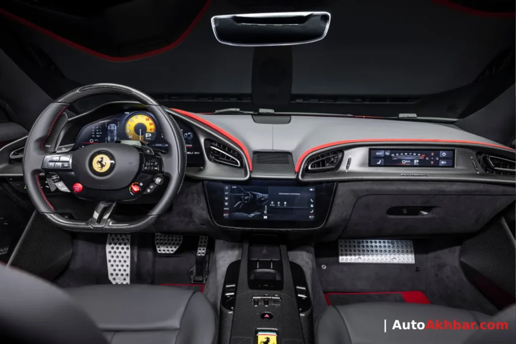Ferrari Amalfi interior showing 15.6-inch driver display, 10.25-inch touchscreen and physical steering wheel buttons