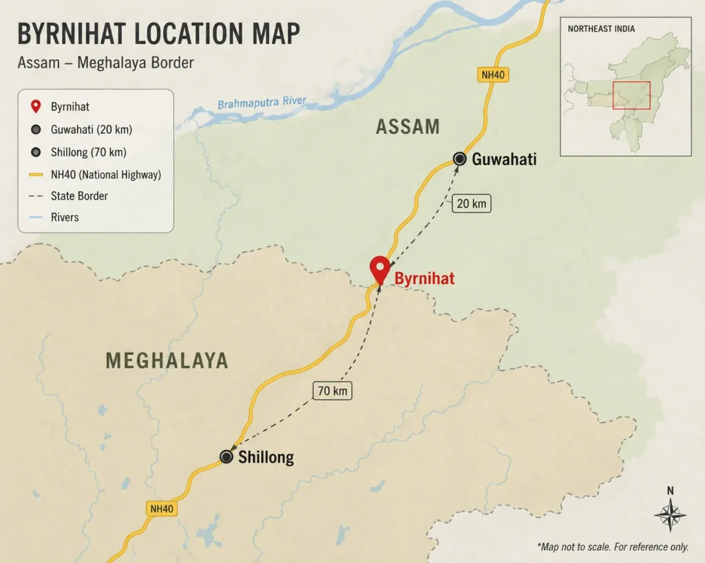 Map showing Byrnihat location on Assam-Meghalaya border near Guwahati and Shillong