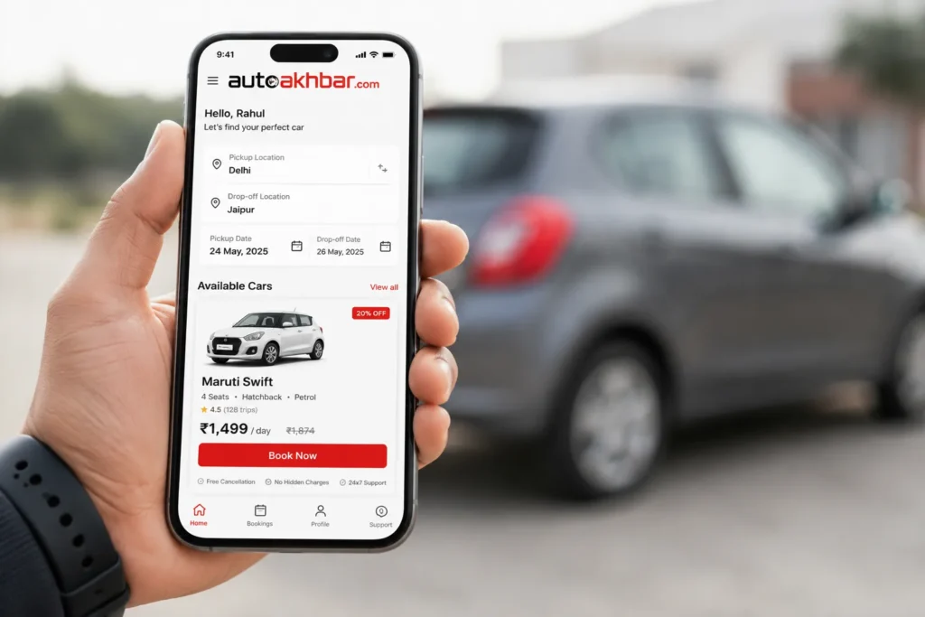 Smartphone screen showing self-drive car rental app booking in India