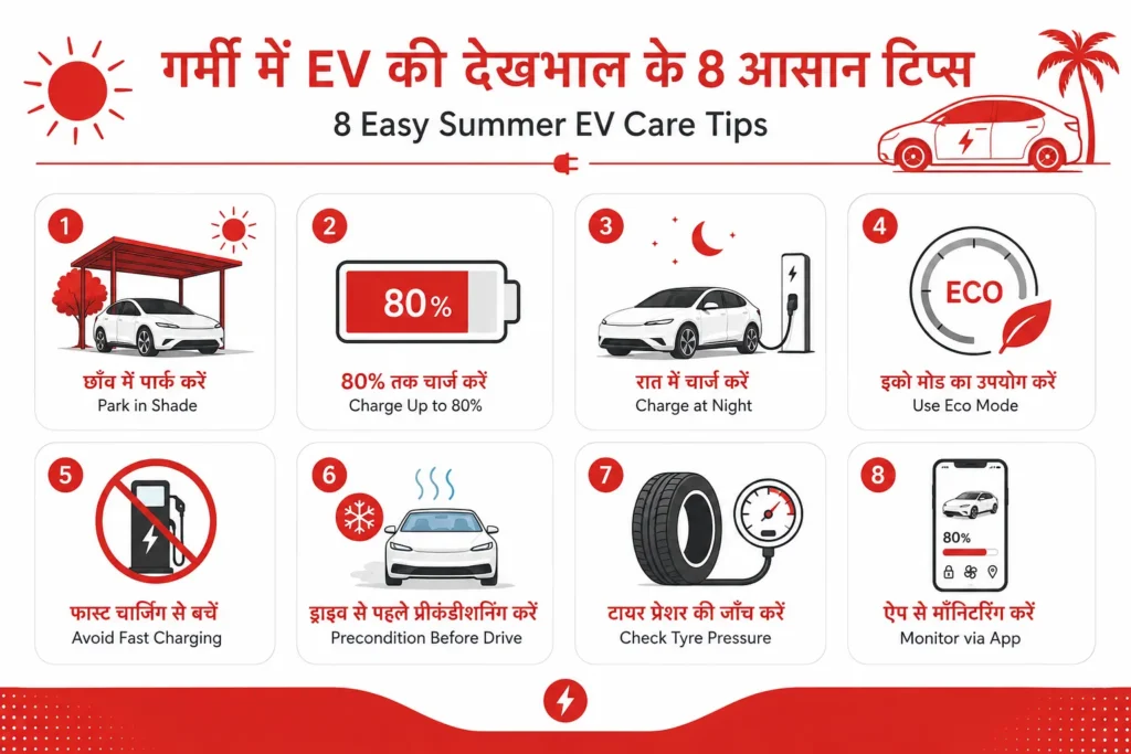 Summer EV care tips infographic – 8 tips for electric vehicle care in summer India 2026