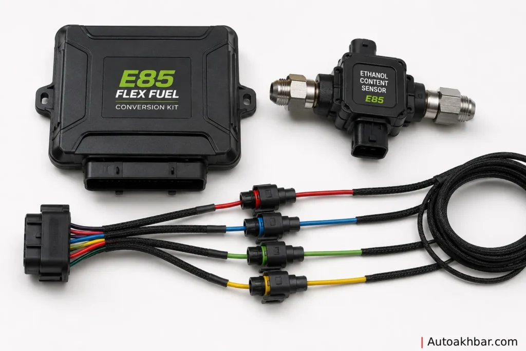 flex fuel E85 conversion kit components including control module, ethanol sensor, and injector harness laid out on workshop bench