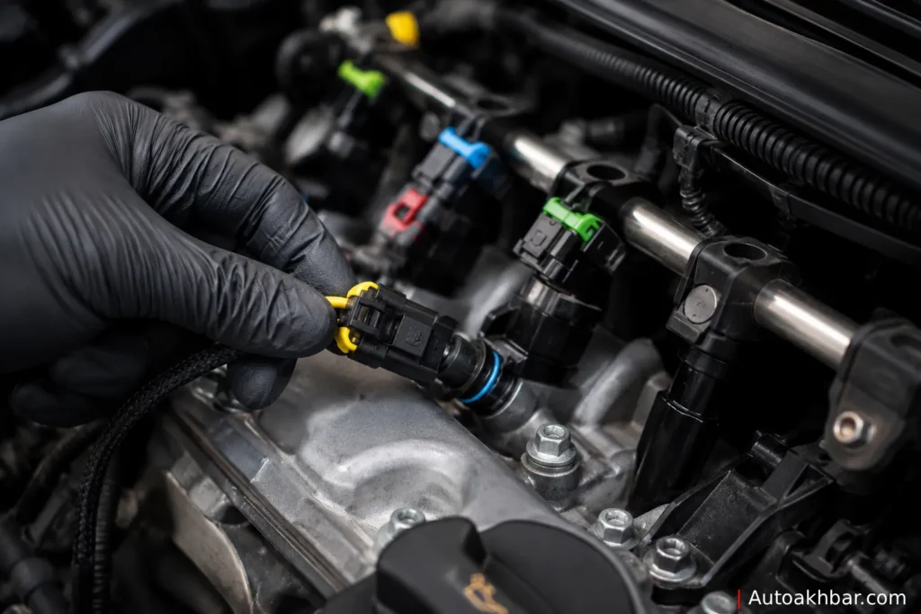 Plug-and-play injector harness connectors being installed on fuel injectors as part of E85 flex fuel kit setup