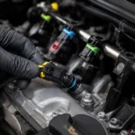 Plug-and-play injector harness connectors being installed on fuel injectors as part of E85 flex fuel kit setup