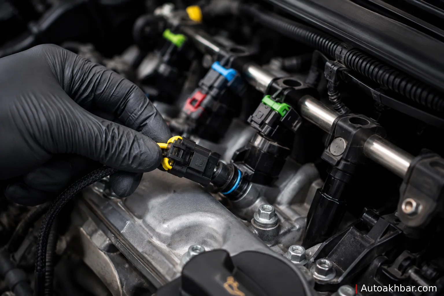 Plug-and-play injector harness connectors being installed on fuel injectors as part of E85 flex fuel kit setup