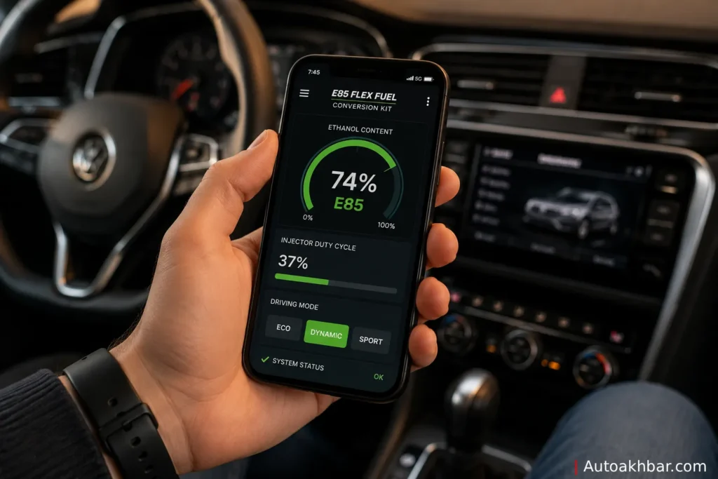 Smartphone app showing real-time ethanol content reading and driving mode controls for an E85 flex fuel conversion kit
