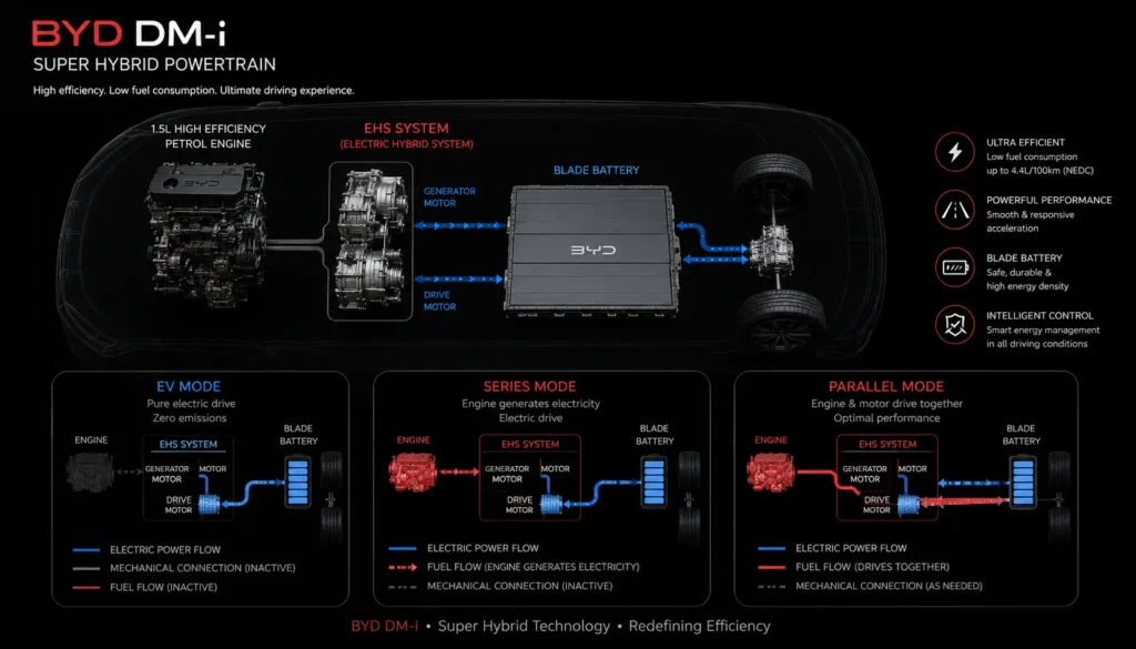 BYD DM-i powertrain diagram showing EV mode, Series hybrid mode and Parallel mode : BYD DM-i Super Hybrid