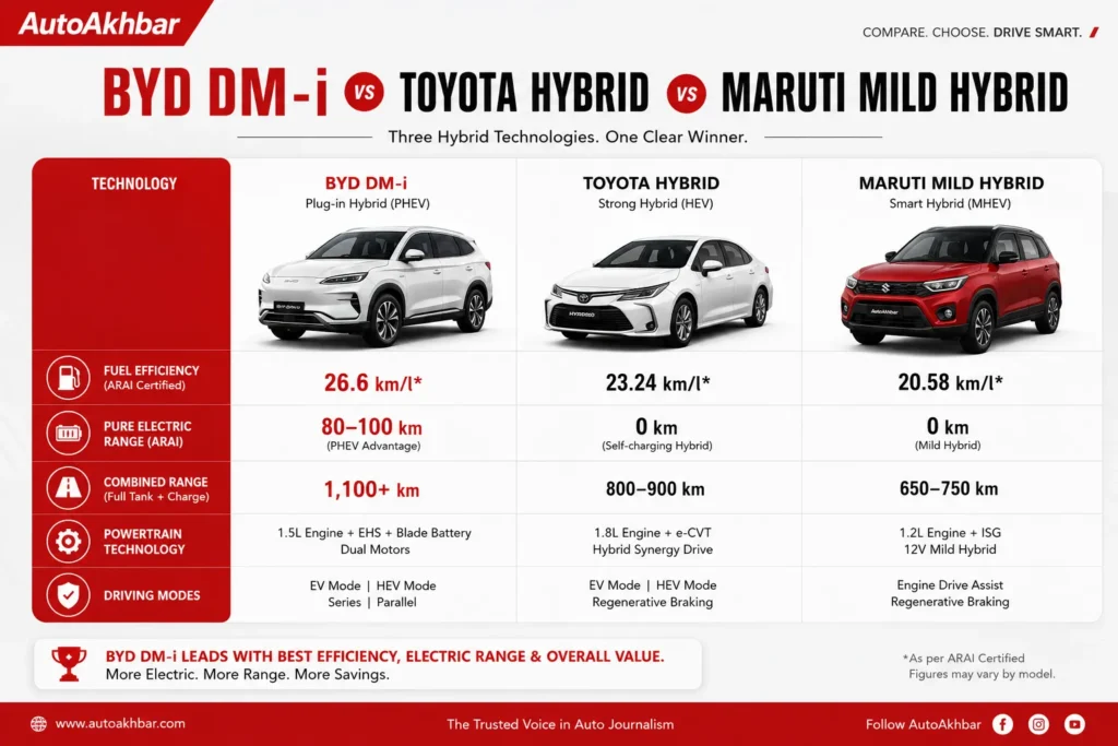 BYD DM-i vs Toyota hybrid vs mild hybrid comparison — fuel efficiency and range