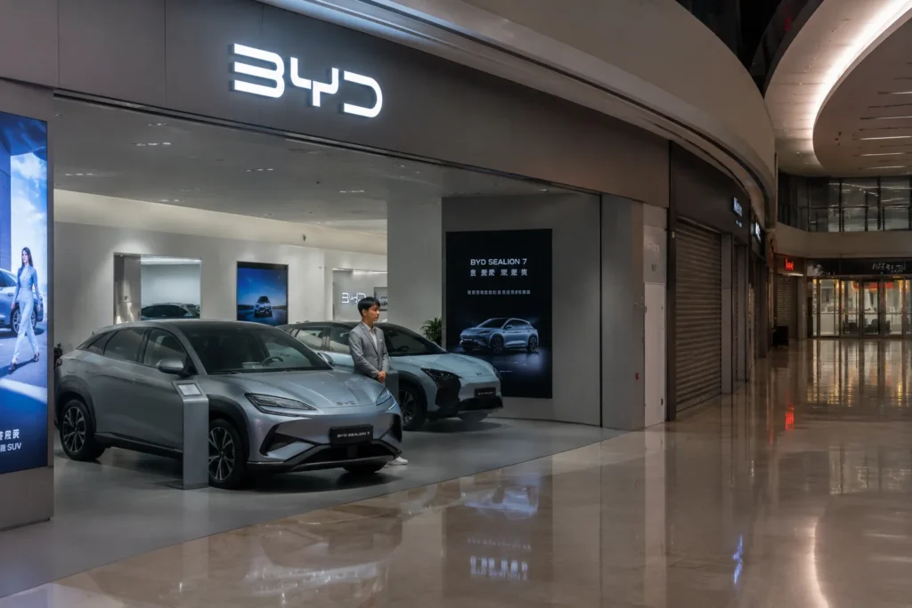 Empty BYD electric car showroom in China reflecting weak domestic NEV demand : EV Exports