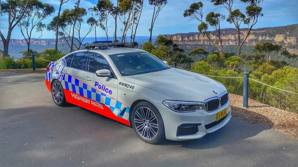 NSW Police high-performance rapid response fleet vehicles parked in tactical formation in Sydney, Australia