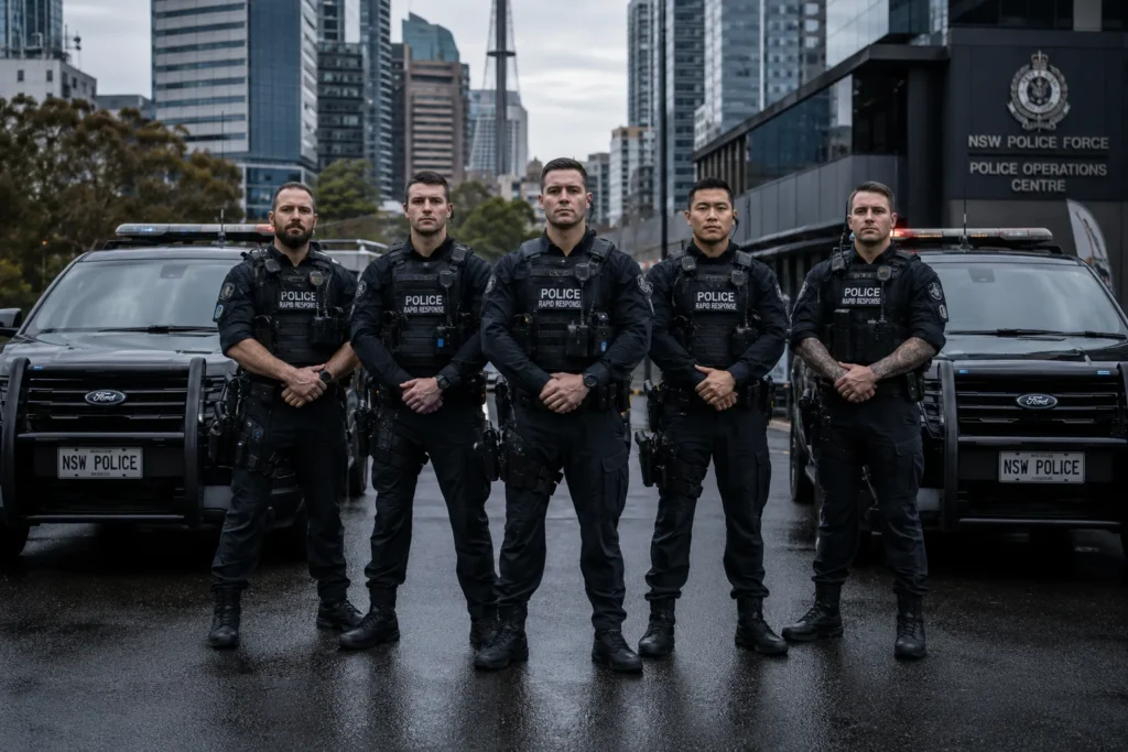 NSW Police officers in tactical gear standing alongside rapid response vehicles during Operation Shelter patrol in Sydney CBD