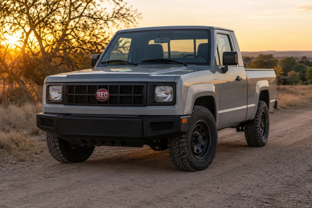 REO Runabout T4X pickup truck front view on Texas dirt road