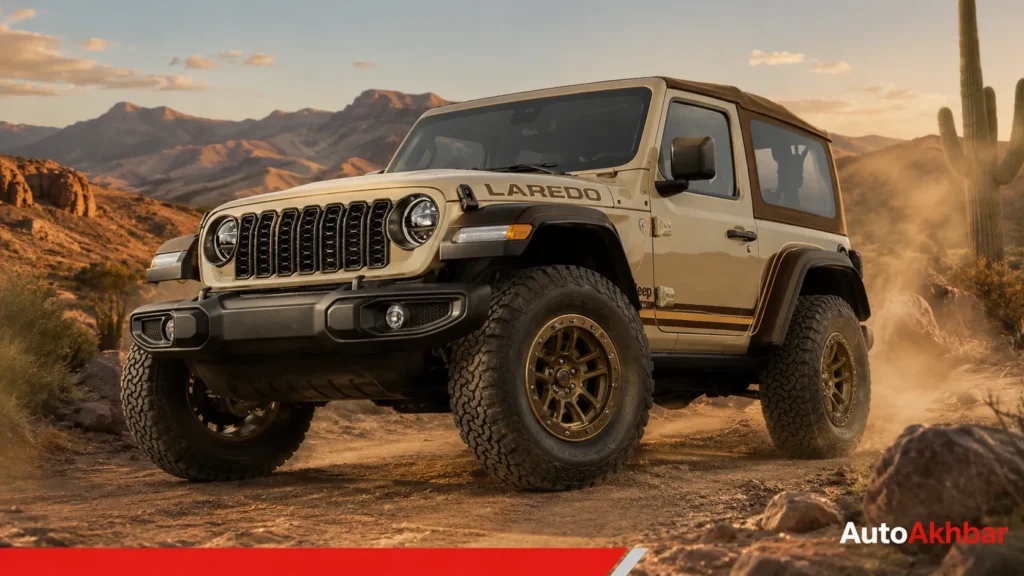 2027 Jeep Wrangler Laredo with tan soft-top and bronze wheels parked on a desert trail
