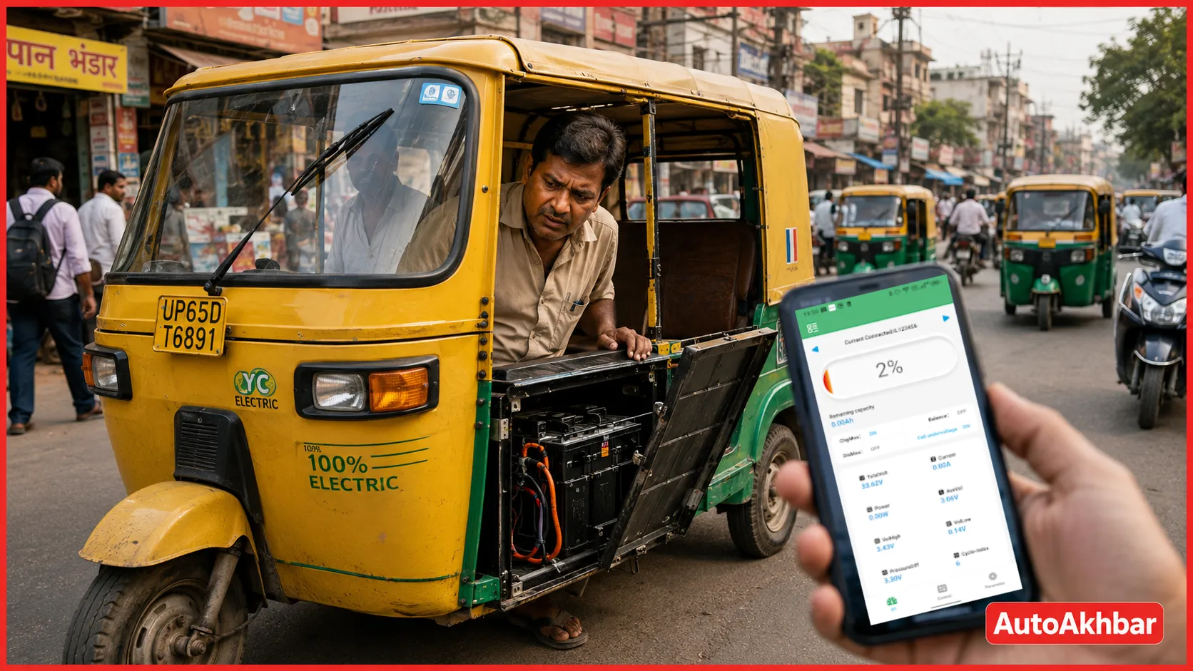 BAT-BMS ऐप से बीच सड़क पर बंद हुई E-Rickshaw, ड्राइवर बैटरी चेक करते हुए
