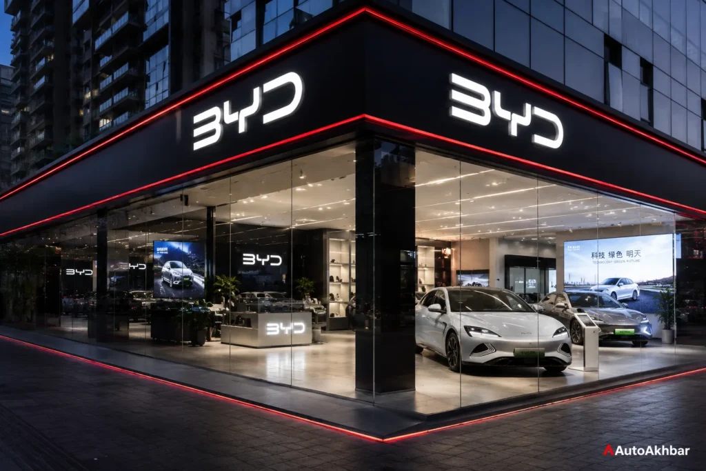 BYD electric vehicle showroom reflecting China's EV market dominance over Volkswagen