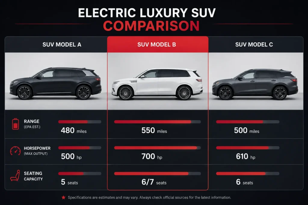 Comparison chart of flagship electric SUV specifications
