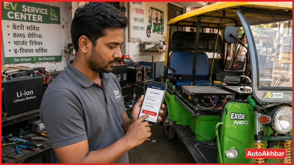 E-Rickshaw डीलर बैटरी के BMS में Bluetooth पासवर्ड सेट करते हुए, सुरक्षा उपाय