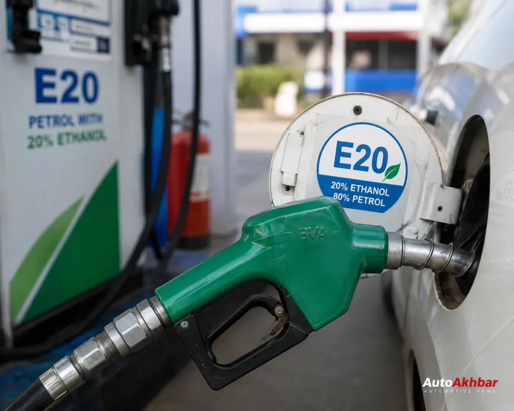 E20 ethanol blended petrol pump nozzle at Indian fuel station