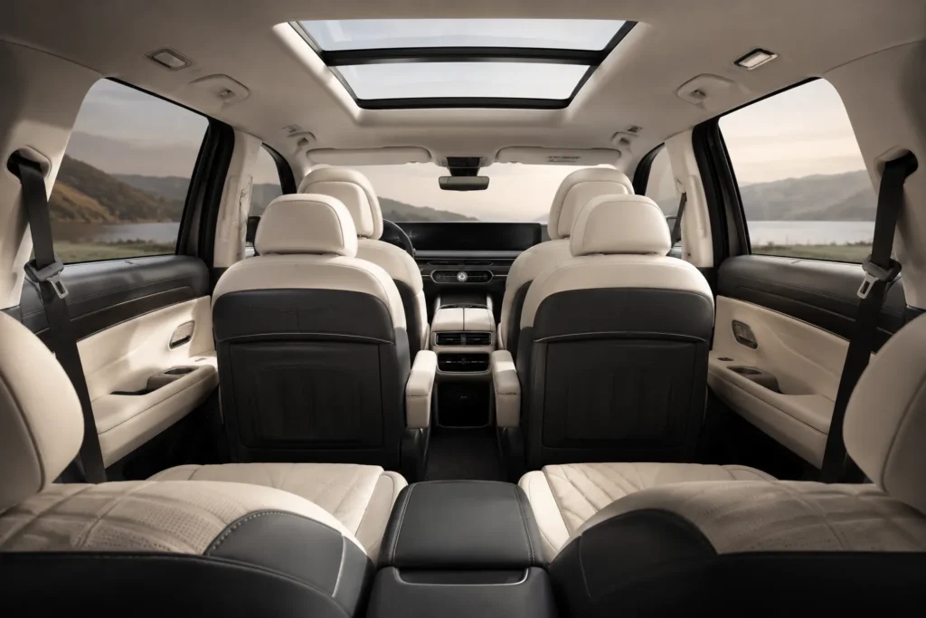 Spacious three-row seating layout inside a luxury electric SUV