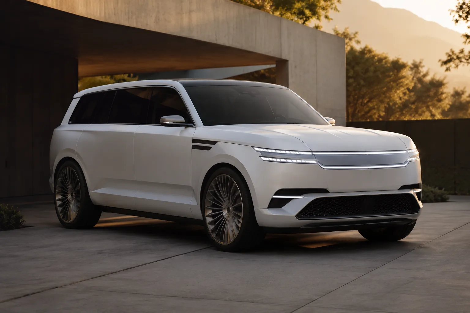 Genesis GV90 flagship electric SUV parked outdoors at sunset