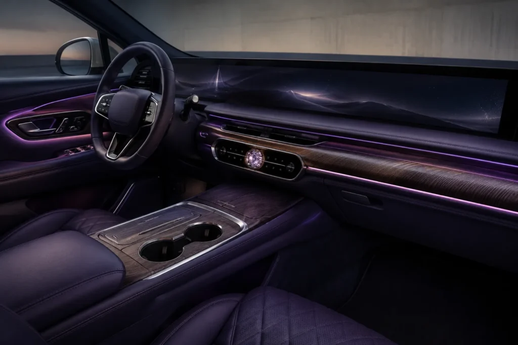 Luxury SUV interior with wide digital display and indigo leather trim