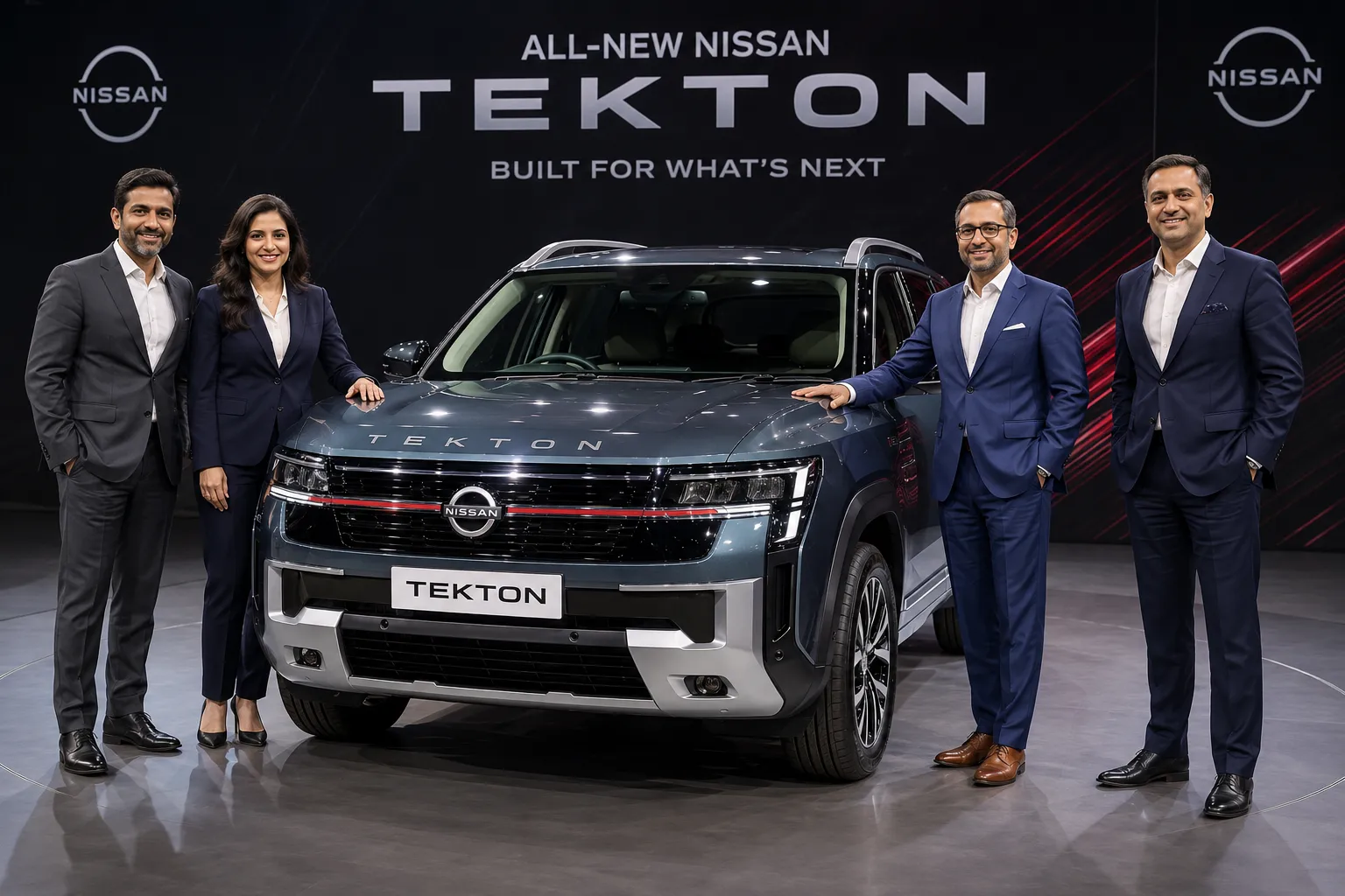 Nissan Tekton front three-quarter view showing LED headlamps and rugged front fascia