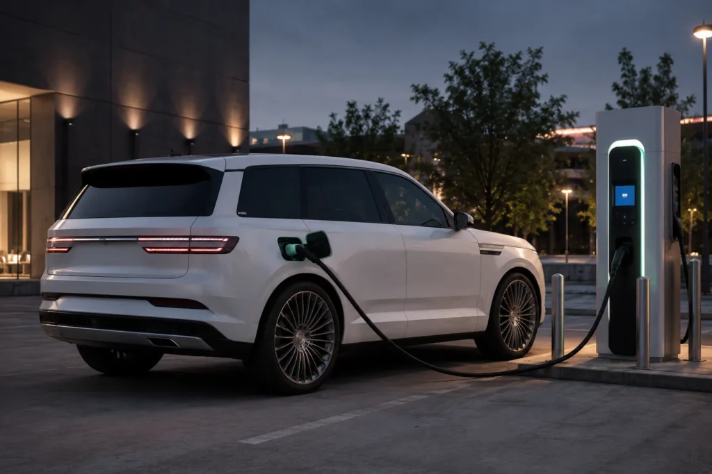 Electric SUV connected to a DC fast-charging station at dusk