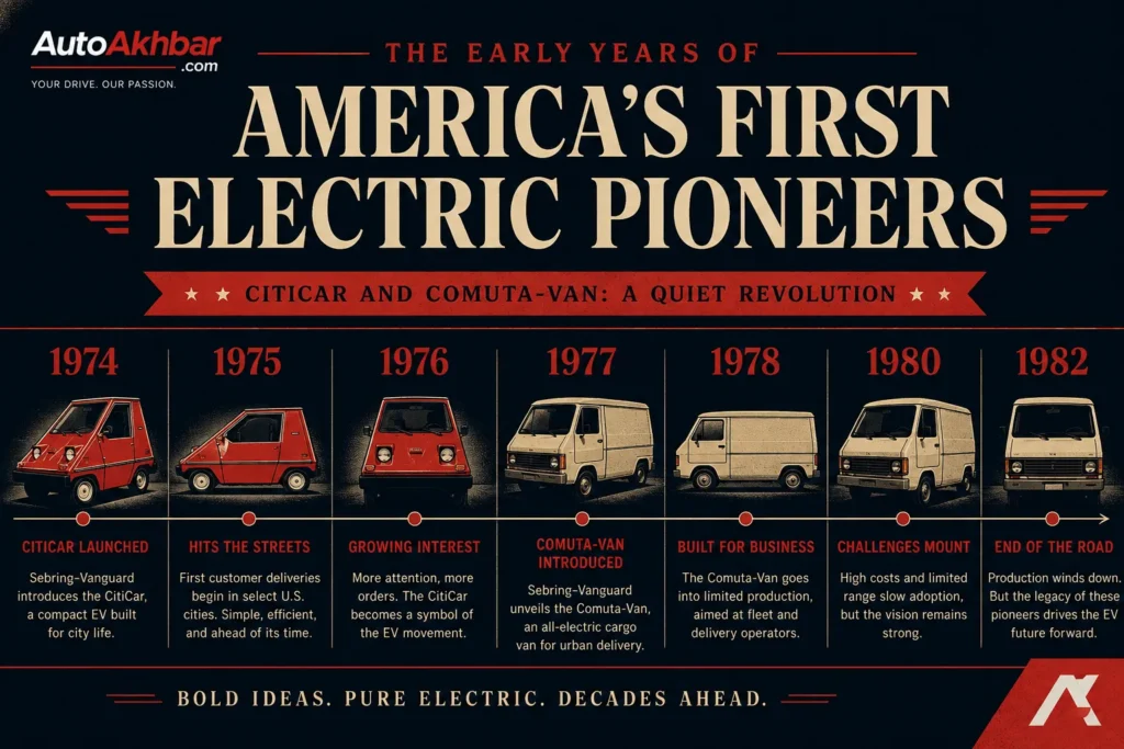 Timeline graphic of the CitiCar and Comuta-Car production years 1974 to 1982