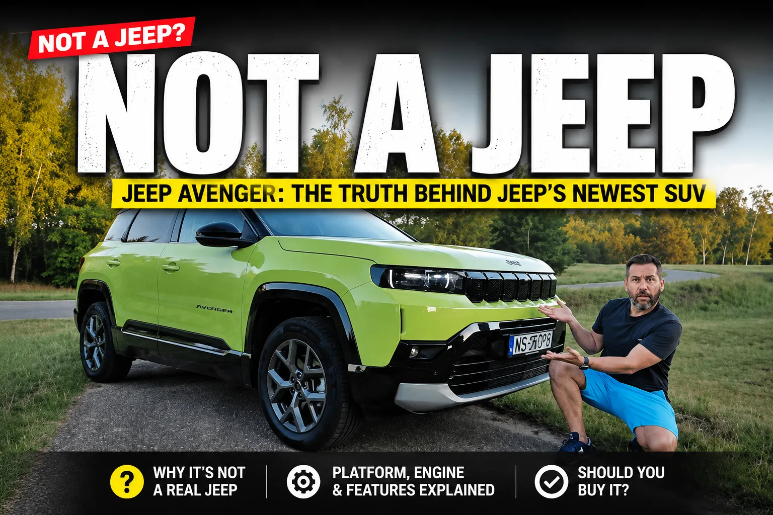 2026 Jeep Compass parked outdoors, YouTube review thumbnail showing the SUV's front exterior