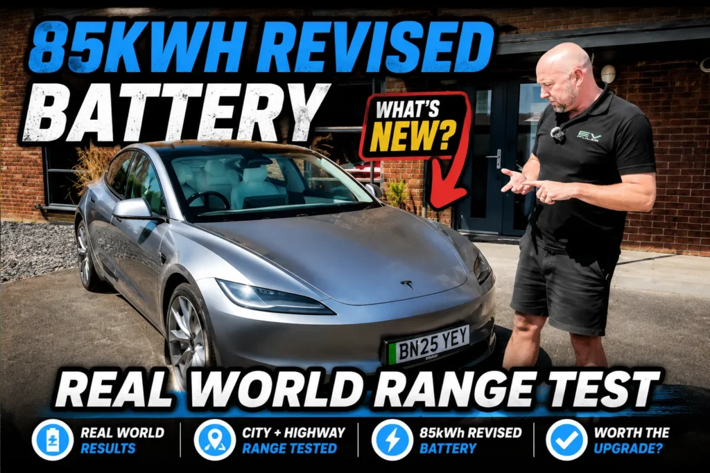 2026 Tesla Model 3 Long Range sedan on the highway during a real-world range test