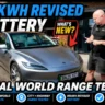 2026 Tesla Model 3 Long Range sedan on the highway during a real-world range test