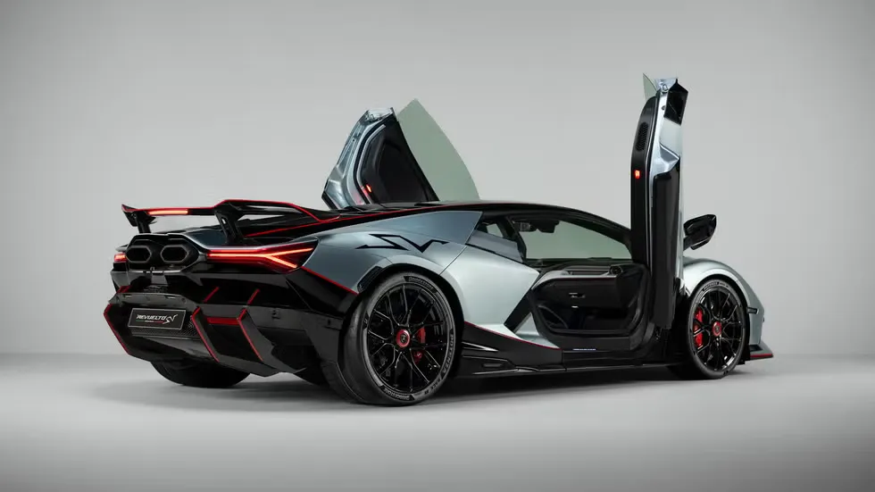 2027 Lamborghini Revuelto SV supercar on a race track, AutoAkhbar branded image