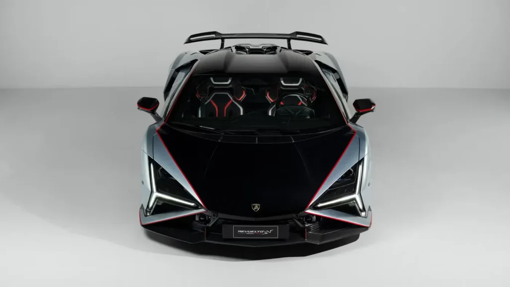 2027 Lamborghini Revuelto SV supercar on a race track, AutoAkhbar branded image