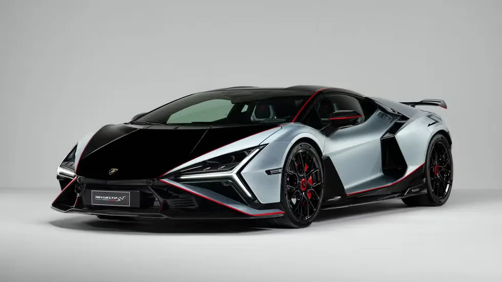 2027 Lamborghini Revuelto SV supercar on a race track, AutoAkhbar branded image