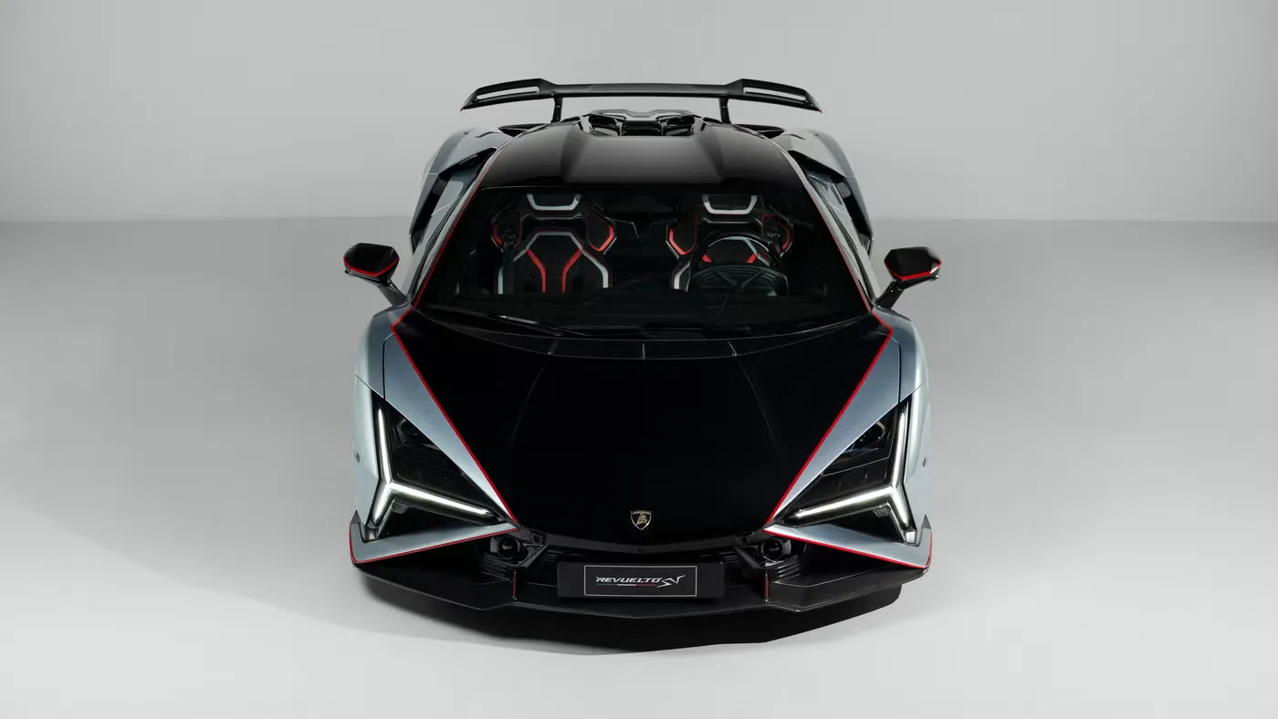 2027 Lamborghini Revuelto SV supercar on a race track, AutoAkhbar branded image
