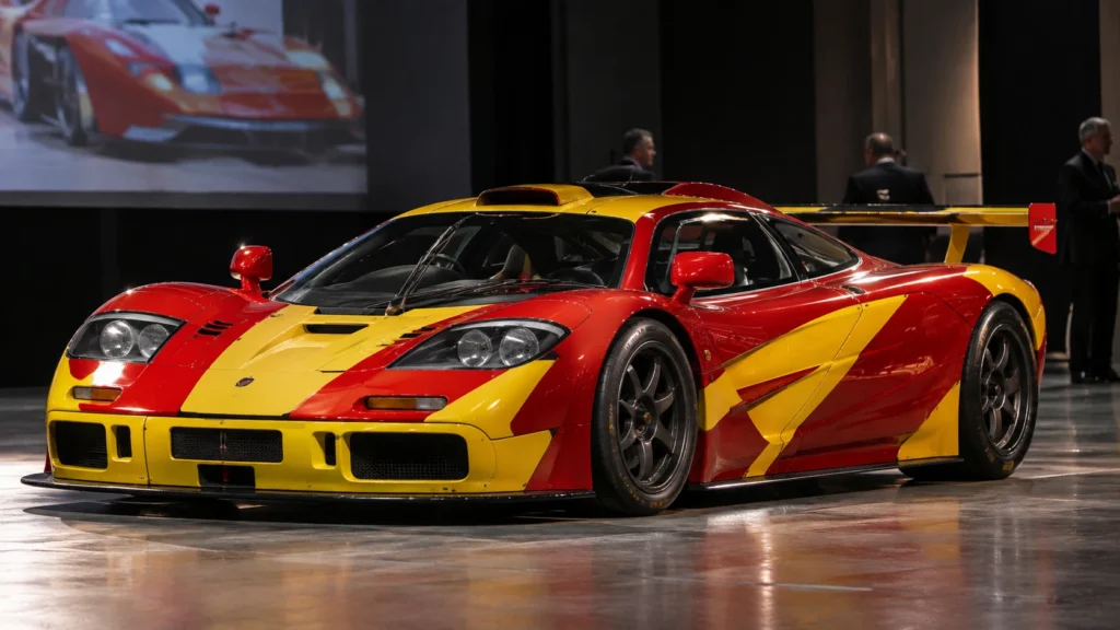 1996 McLaren F1 GTR race car displayed ahead of a classic car auction