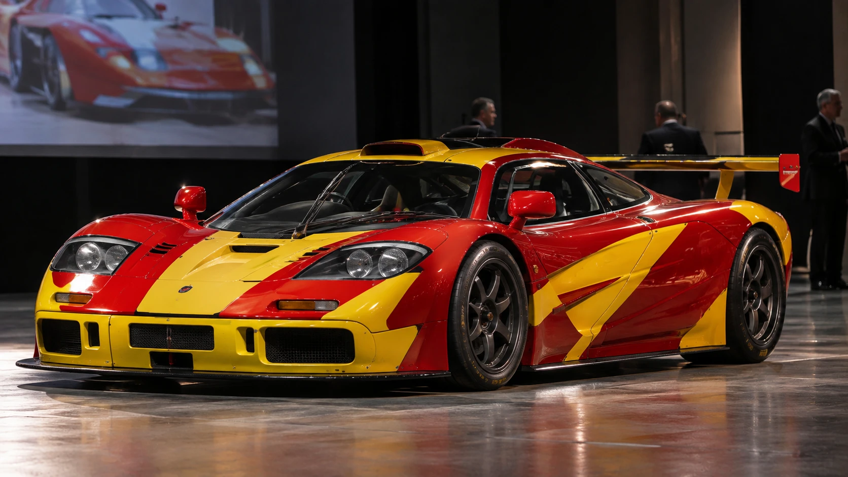 1996 McLaren F1 GTR race car displayed ahead of a classic car auction