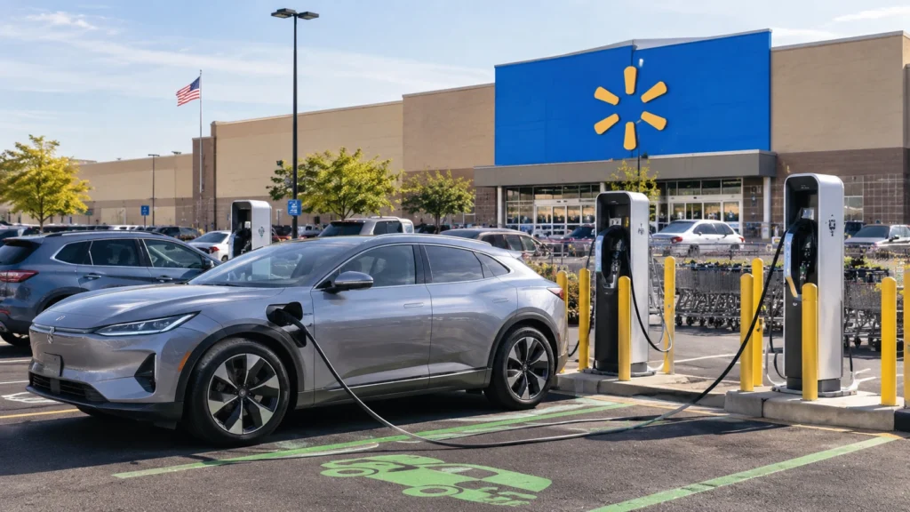 Walmart EV Charging Network : Electric vehicle charging at a fast-charging station in a retail store parking lot