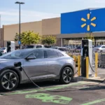 Walmart EV Charging Network : Electric vehicle charging at a fast-charging station in a retail store parking lot