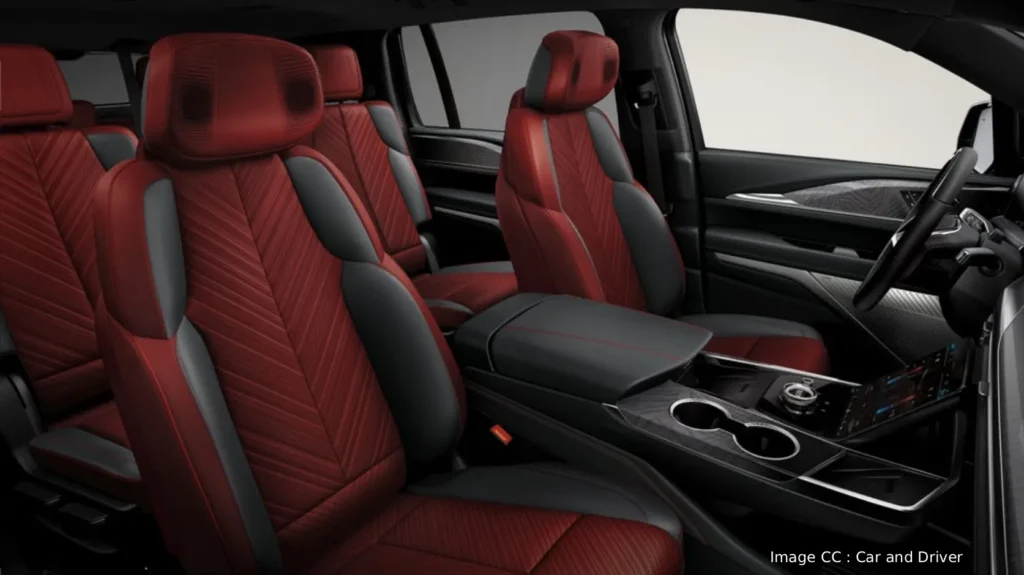 Close-up of Cadillac Escalade IQ bespoke interior colorways, AutoAkhbar.com branded image