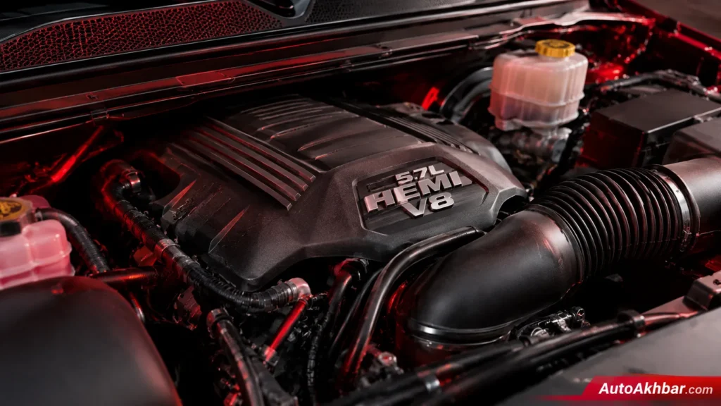 Close-up of Ram 5.7-liter Hemi V8 engine bay