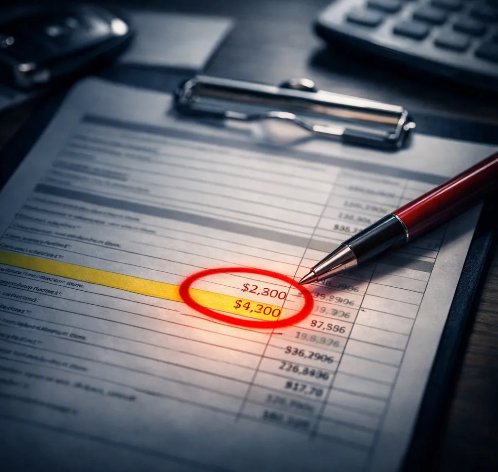 Close-up of a car sales contract with a highlighted hidden fee line item, symbolizing dealership trade-in deductions