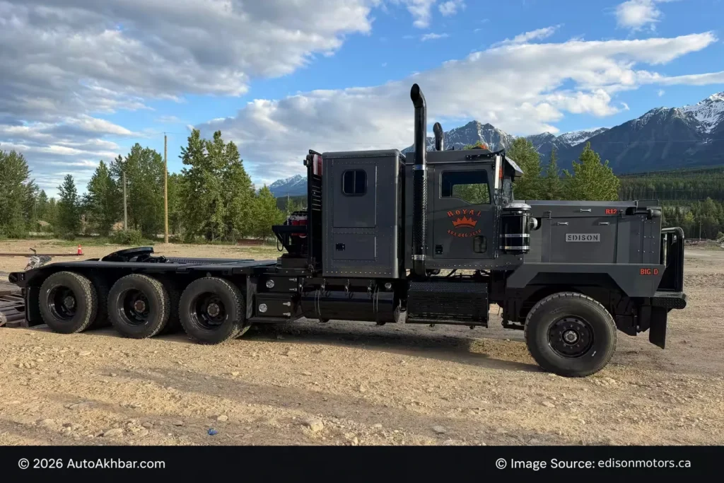 Edison Motors BDE diesel-electric heavy haul truck on a logging road in British Columbia