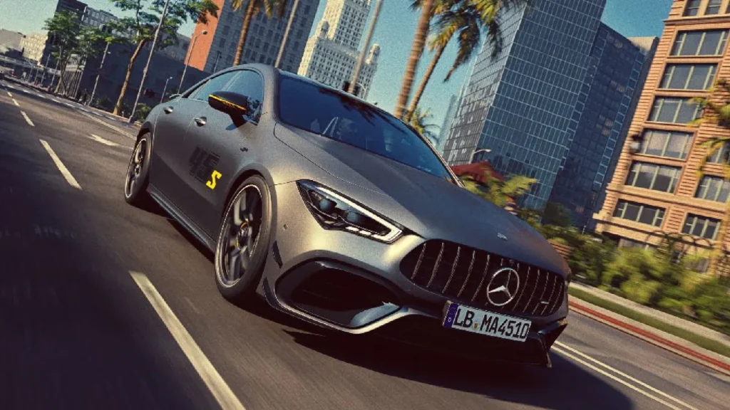 Electric Mercedes-AMG CLA45 cornering on the Nurburgring racetrack