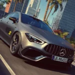 Electric Mercedes-AMG CLA45 cornering on the Nurburgring racetrack